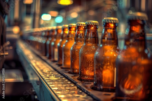 Beer Bottles Manufacturing Line, Beer on Conveyor Belt, Alcoholic Beverages Production Line