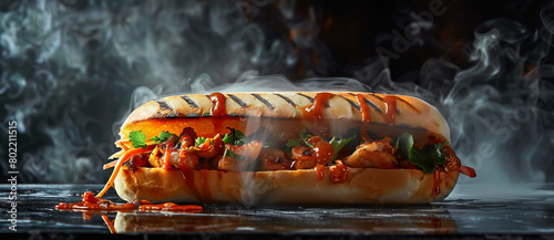 a grilled sub with smoke on top and black background, photo