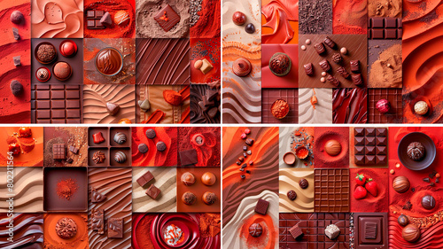 4 photos. Visual inspiration for the visual identity of a chocolate brand. Shades of red  orange and brown create a feeling of warmth and richness. Elegant and aesthetic design