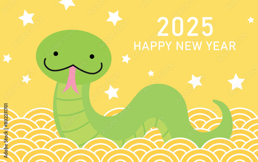 Fototapeta premium Cute cartoon snake new year 2025 card with waves pattern. Lunar new year 2025 greeting card.