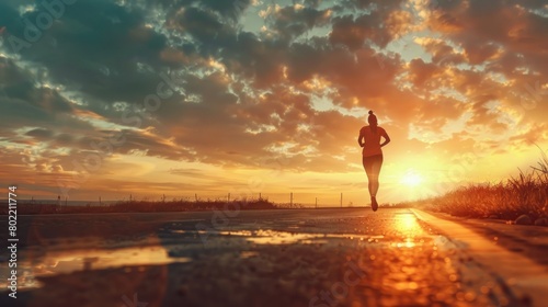 The glow of sunset casts a golden light on a runner navigating puddles on a country road © GoodandEvil