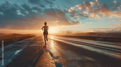 A female jogger is seen from the back, running on a glistening wet road amidst a serene sunrise