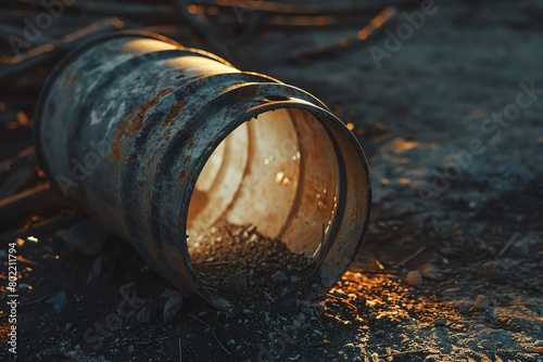 A rusty barrel spills gravel on a gravel-covered ground at sunset in an abandoned industrial area