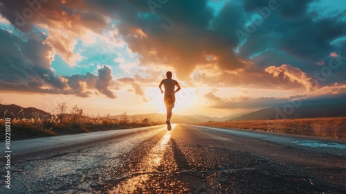 The silhouette of a runner is front and center as they run down a rural road at dusk