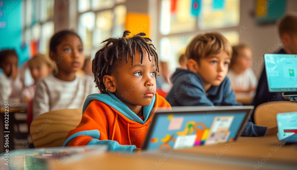 Child with laptop in classroom. Child studying at school with laptop on table. Child with laptop in classroom. Child studying at school with laptop on table.