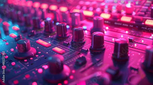 Detail of audio equipment glowing with hot pink illumination suggesting a vibrant dance environment. © nur