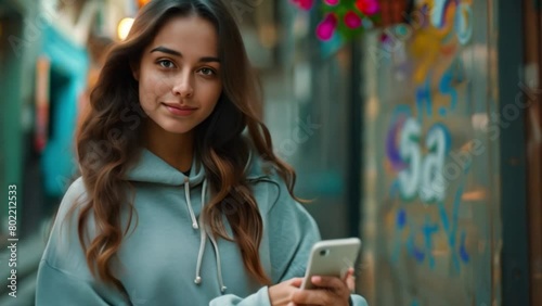 A young woman using mobile phone and messaging on smartphone easily in the world of 5G digital communication and online social media. Technology fits into daily life photo