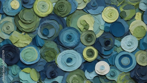 Craft an interlocking pattern of concentric circles in various shades of blue and green,abstract background of circles