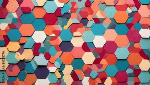 Create a repetitive pattern of hexagons and diamonds  alternating in size and color pattern with colorful hexagon