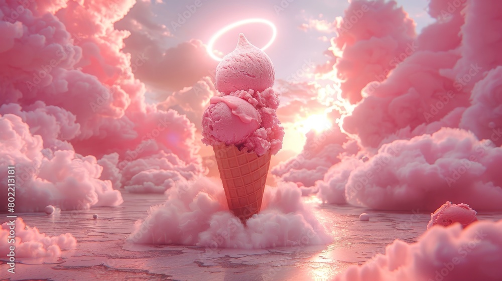 A pink ice cream cone with an angel halo floating above it, surrounded