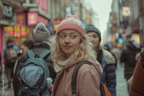Beautiful young blonde woman in a pink hat and coat on a city street