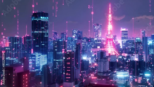 Futuristic Tokyo skyline, pixelated in coding sequences, bright neon contrasts photo