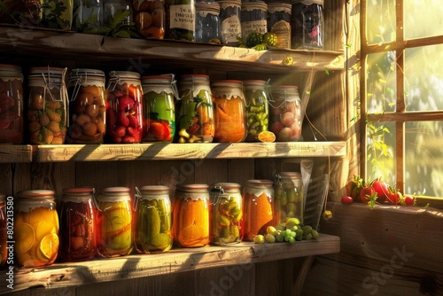 Craft a detailed, photorealistic illustration of a rustic wooden shelf filled with various jars of preserved fruits seen from behind, capturing the warm glow of sunlight filtering through a nearby win