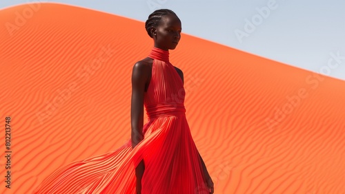 Sexy Afroamerikanische Frau in rotem Abendkleid und leuchtenden futuristischen roten Sand Hintergrund photo