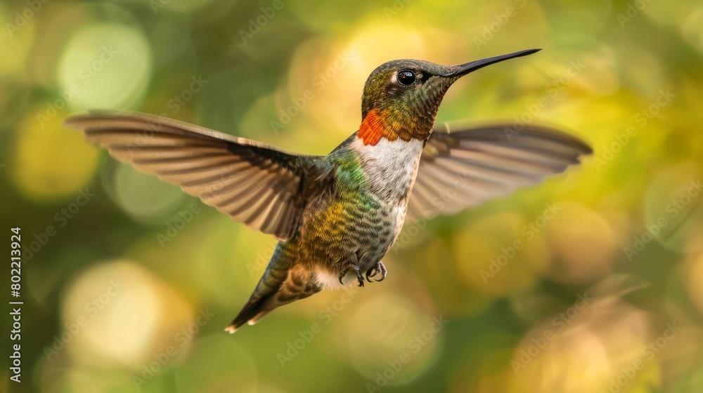 Fototapeta premium A hummingbird flying in the air with its wings spread wide