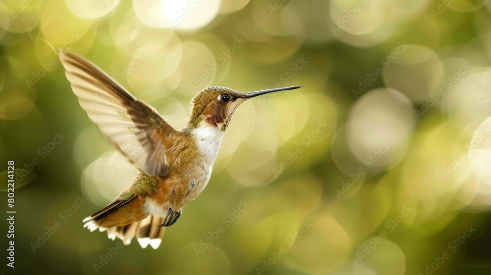 Fototapeta premium A hummingbird flying through the air with its wings spread wide