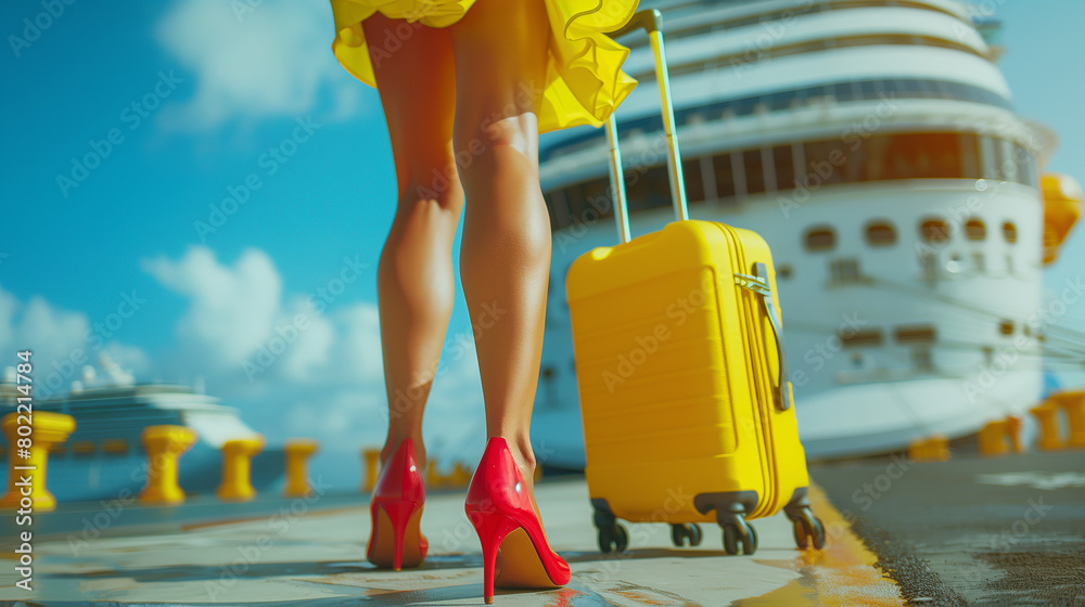 Rich, posh, fashionable woman wearing trendy clothes with vibrant suitcase and colorful heels boards a cruise ship for a sunny vacation, low angle view