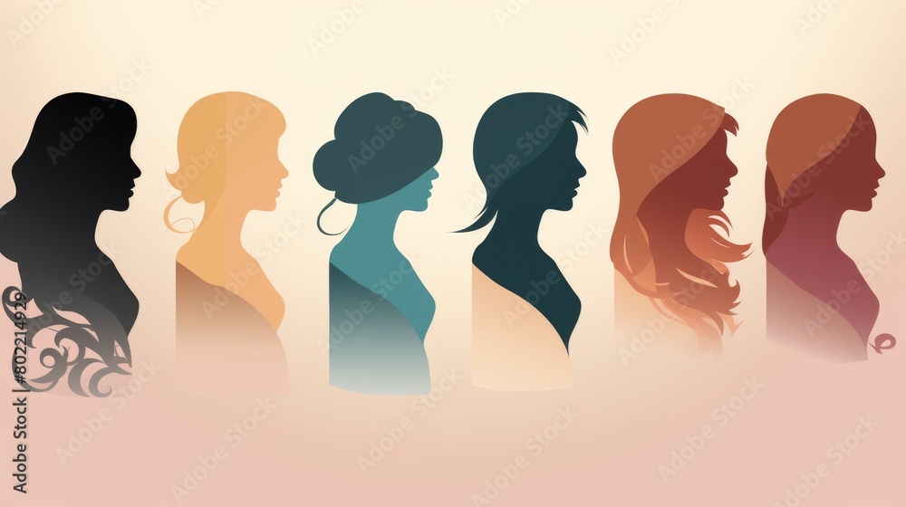 Elegant Female Profile Silhouettes in Various Skin Tones on Isolated Backgrounds - Beauty Concept Illustrations of Women in Vector Art