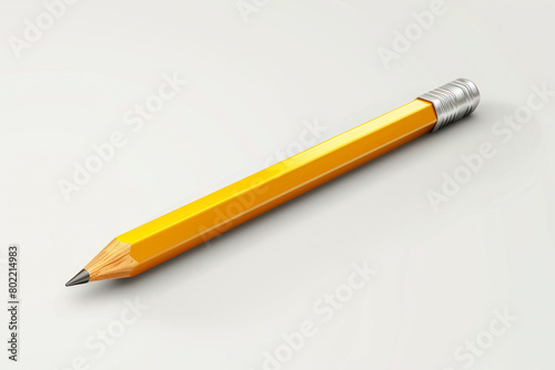 Yellow wooden pencil with rubber eraser. Sharpened detailed office mockup.