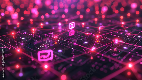 A circuit board with pink neon lights.