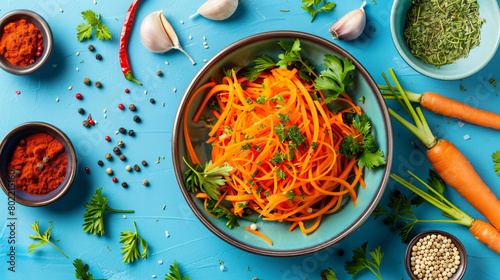 Composition with bowls of Korean carrot salad and spices