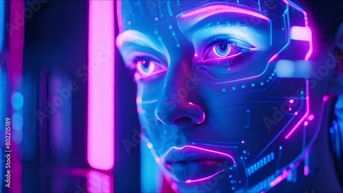 AI terminal with neon lights showcasing a holographic, neutral yet nonhuman face photo