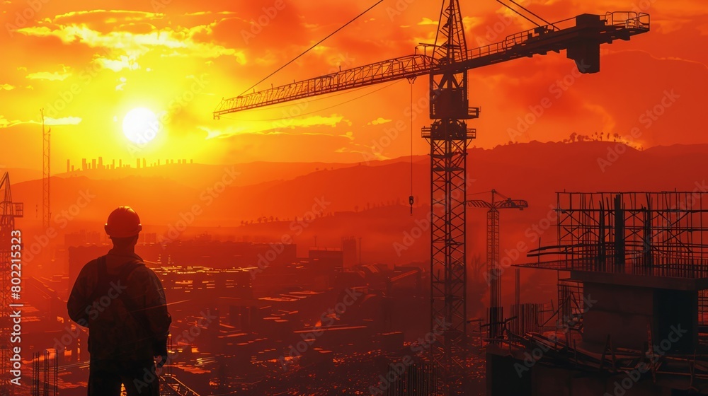 Construction worker gazing at a site with steel beams against the backdrop of a setting sun in an industrial scene