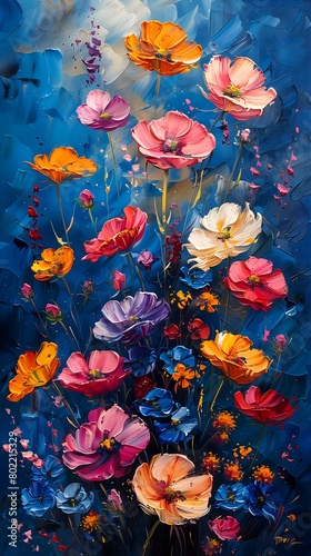 Oil painting  a bunch of small flowers  blue sky  colorful colors