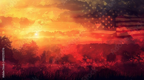 US Flag and Sunset Blend  Veterans Day Background - Digital Illustration