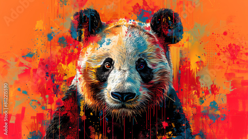 A colorful painting of a panda with bright orange background photo