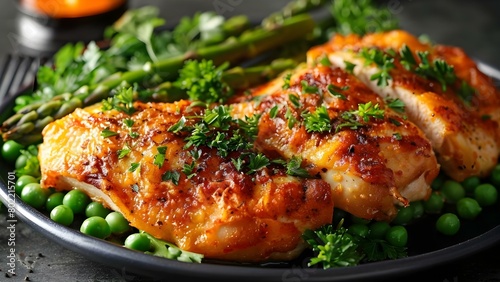 Chicken fricassee with pate served on a plate and garnished with asparagus, peas, and parsley. Concept Chicken, Fricassee, Pate, Plate, Asparagus, Peas, Parsley, Garnish