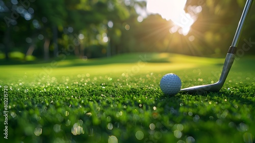 Golf ball and driver on the tee with a blurred background of a grassy field and trees on a sunny day, copy space for text or logo. photo