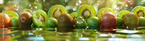 Craft a photorealistic image of a birds-eye view of a tropical fruit paradise using CG 3D techniques Illustrate a bounty of succulent kiwis, passion fruits & lychees arranged in an exotic pattern, enh photo