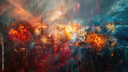 A stunning display of fireworks lighting up the night sky in the city. The blurry image captures the excitement and entertainment of a midnight holiday event AIG50 © Summit Art Creations