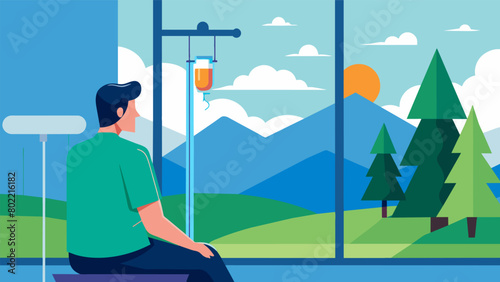 A patient gazing out a large window soaking in the tranquil natural surroundings while undergoing a ketamine infusion..