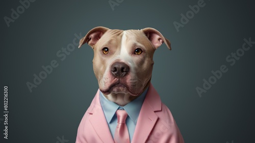 pit bull dog in a pink suit and tie, gradient background, isolated