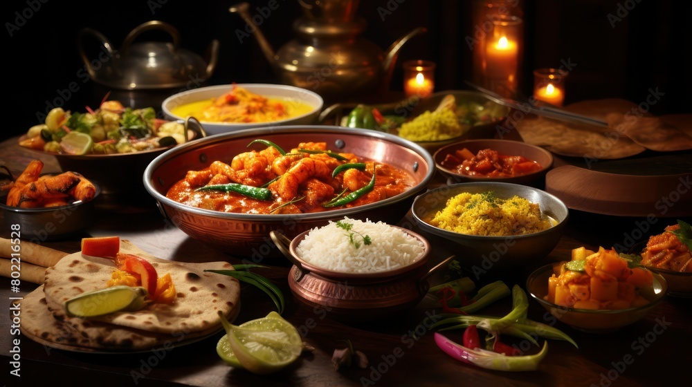 Set of dishes of national Indian cuisine, close-up.