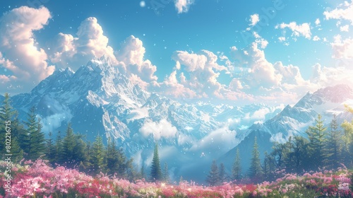 Beautiful Breathtaking landscape, snowy mountains, pink fluffy clouds and forest against blue cloudy sky. Bright natural wallpaper.