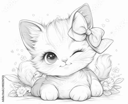 Black and white illustration for coloring animals, cat.