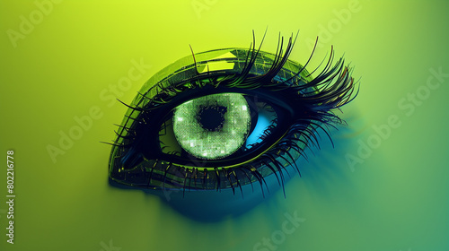 An eye lens mockup with a pearlescent finish on a solid teal background, radiating elegance