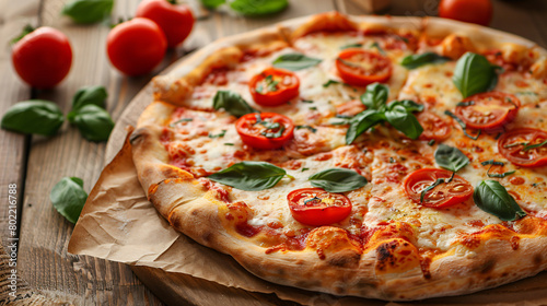 Composition with delicious pizza Margherita on wooden