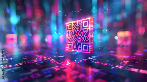 A glowing blue and pink QR code against a dark background of streaming binary code.