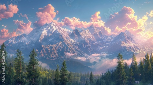 Beautiful Breathtaking landscape, snowy mountains, pink fluffy clouds and forest against blue cloudy sky. Bright natural wallpaper.