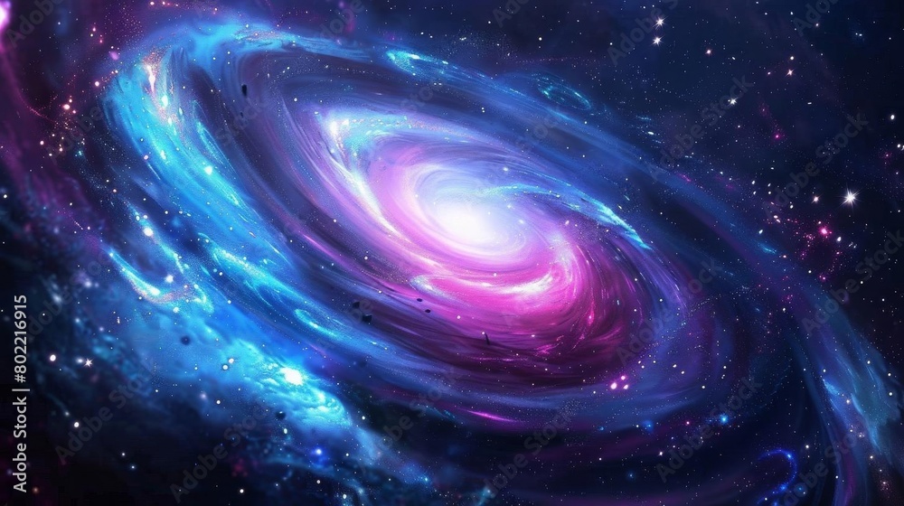 Fototapeta premium Craft a stunning, photorealistic digital illustration of a spiral galaxy, prominently displaying vibrant hues of blue, purple, and pink, with swirling nebulae and twinkling stars in high detail