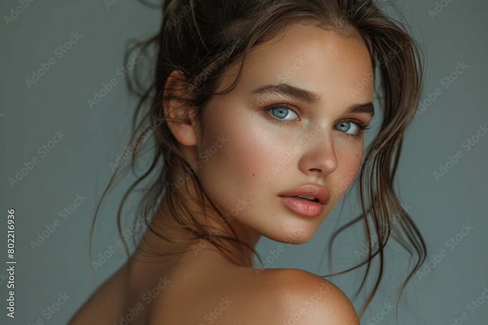 Gorgeous young woman with captivating blue eyes posing for camera on neutral gray background in studio setting Gorgeous young woman with captivating blue eyes posing for camera on neutral gray background in studio setting