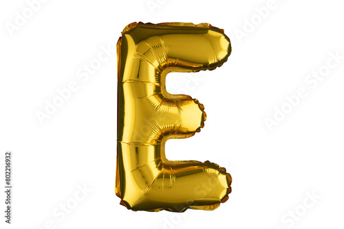 Helium gold balloon letter E isolated on white.