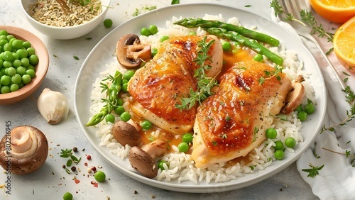 Chicken fricassee with mushrooms peas asparagus and rice a classic dish. Concept Chicken Fricassee Recipe, Classic Dish, Mushrooms, Peas, Asparagus, Rice photo