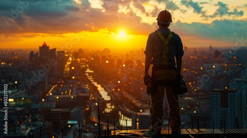 Silhouetted builder overlooking a lattice of girders at dusk, symbolizing development in a metropolitan context photo
