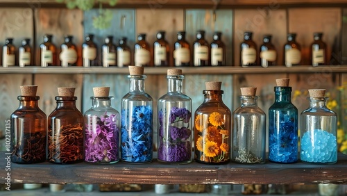 Exploring a Victorian Apothecary: Glass Bottles, Herbal Remedies, and Vintage Charm. Concept Victorian Era, Apothecary, Glass Bottles, Herbal Remedies, Vintage Charm