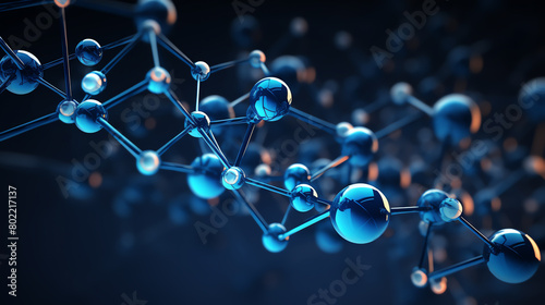 3D model of a blue molecule structure on a dark background, intricate bonds and atoms highlighted photo